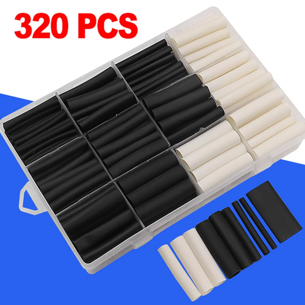 320PC Black and White Double-wall Heat Shrink Tube 3 Times Shrink Tube Set With Glue Heat Combined Insulation Sleeve