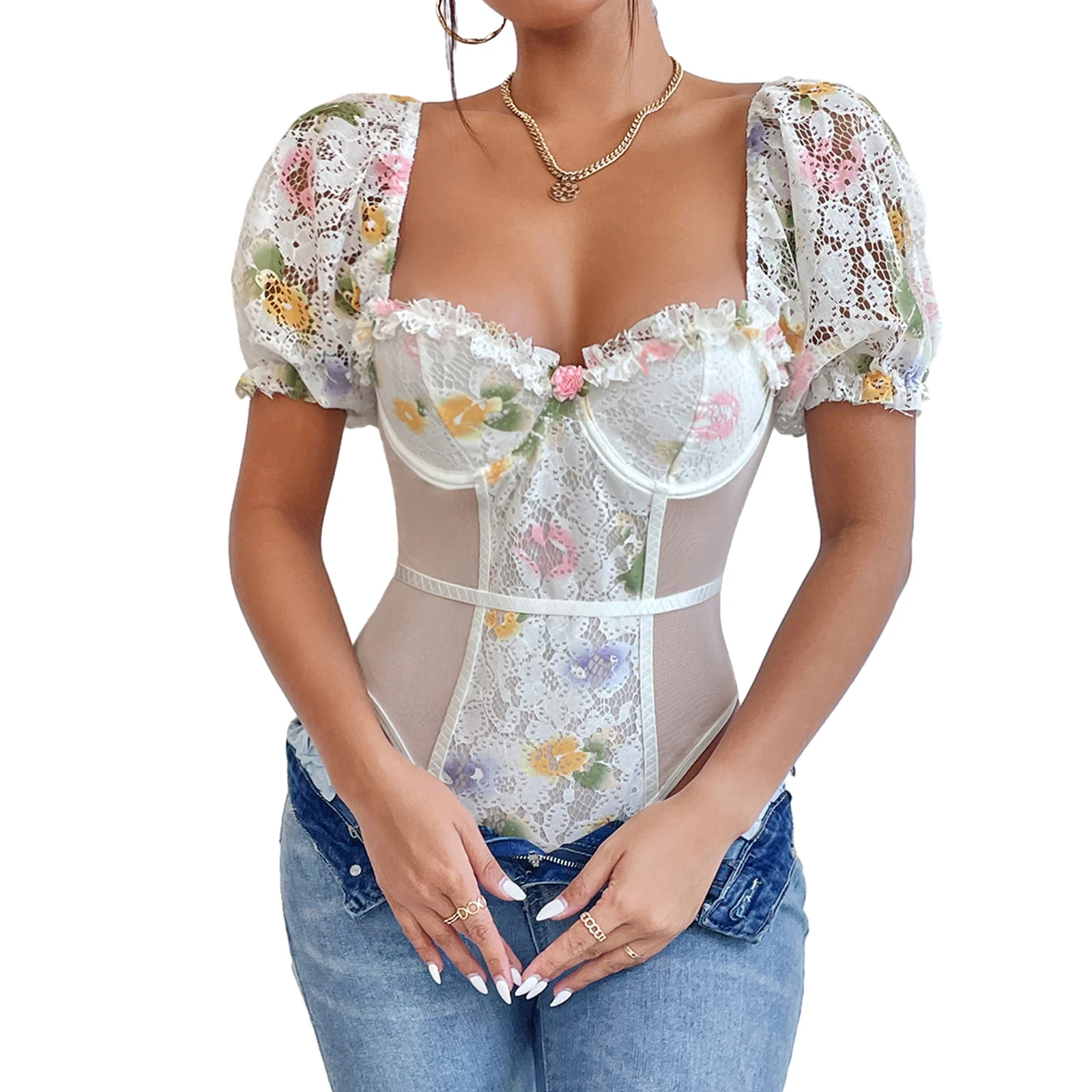 

Women’s Lace Bodysuit Short Puff Sleeve Mesh Patchwork Floral Print Leotard Tops Corset Playsuit
