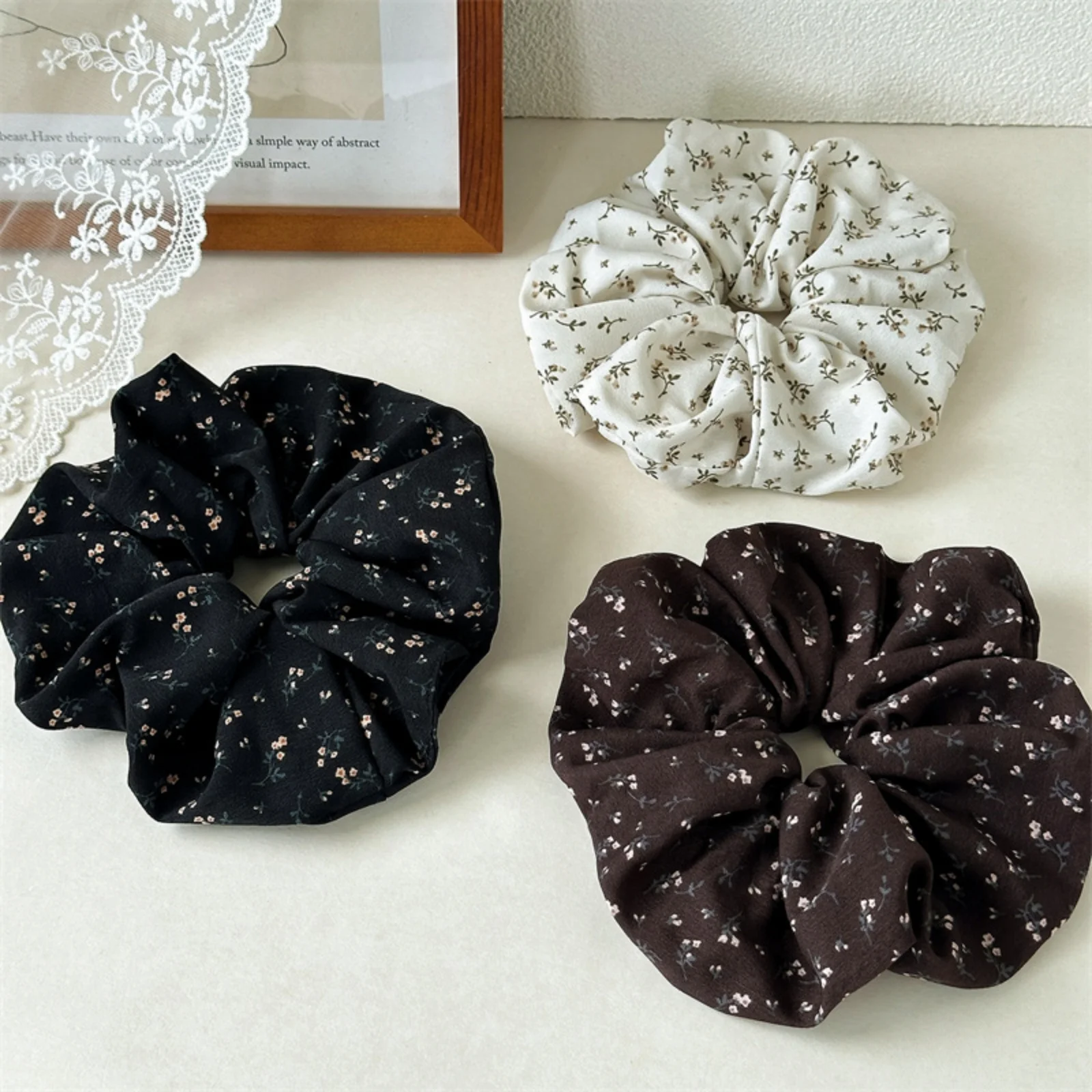 Brown Floral Scrunchie, Elegant Hair Accessory for Women, Cute Hair Tie for Daily Wear