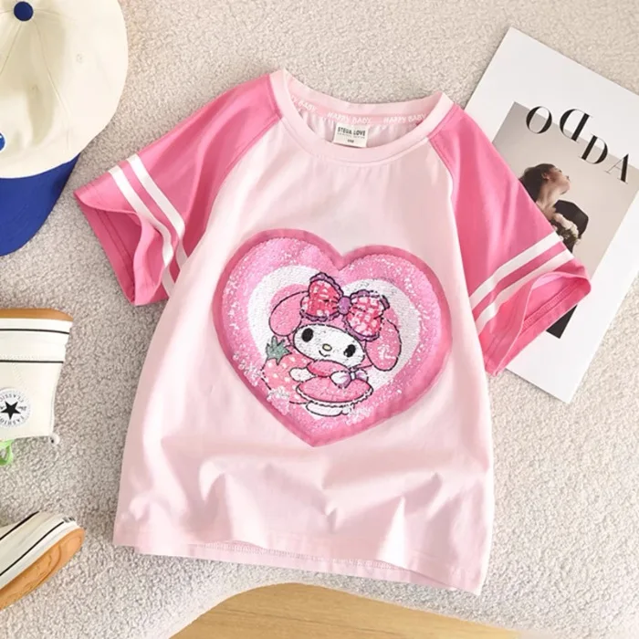 Mymelody Culumi Girls T-Shirt Summer Shirt Changeable Pattern Cinamonroll Children Cartoon Round Neck Casual Tee Tops 5
