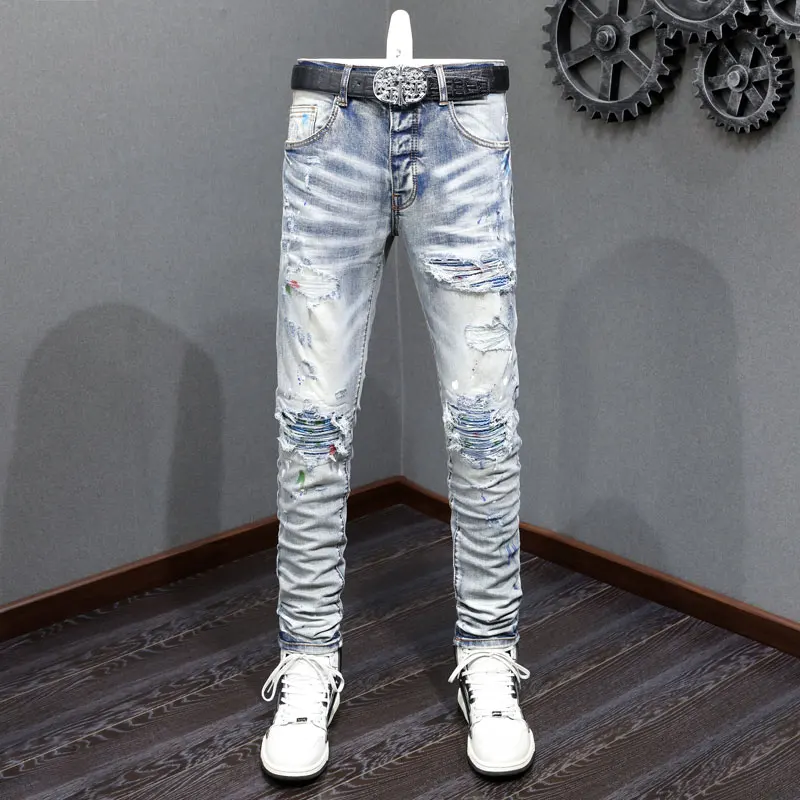 

High Street Fashion Men Jeans Retro Light Blue Stretch Skinny Fit Painted Ripped Jeans Men Patched Designer Hip Hop Brand Pants