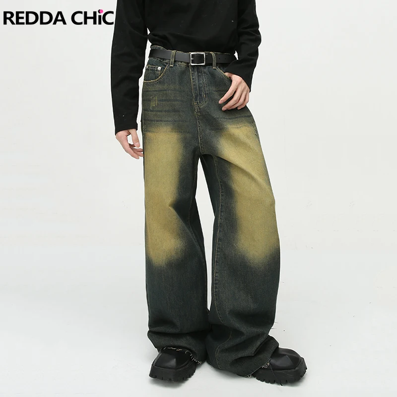 

REDDACHiC Vintage Green Wash Baggy Jeans Men Whiskers Raw Edge Casual Wide Leg Pants Skater Oversize Pants Hiphop Y2k Streetwear