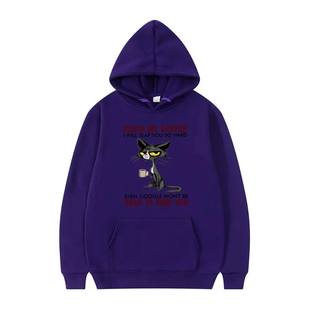 Disdainful Cat Protection Coffee Animation Print Youth Hooded Sports Top Fleece Pullover Casual Jogging Fitness Sweatshirt 3