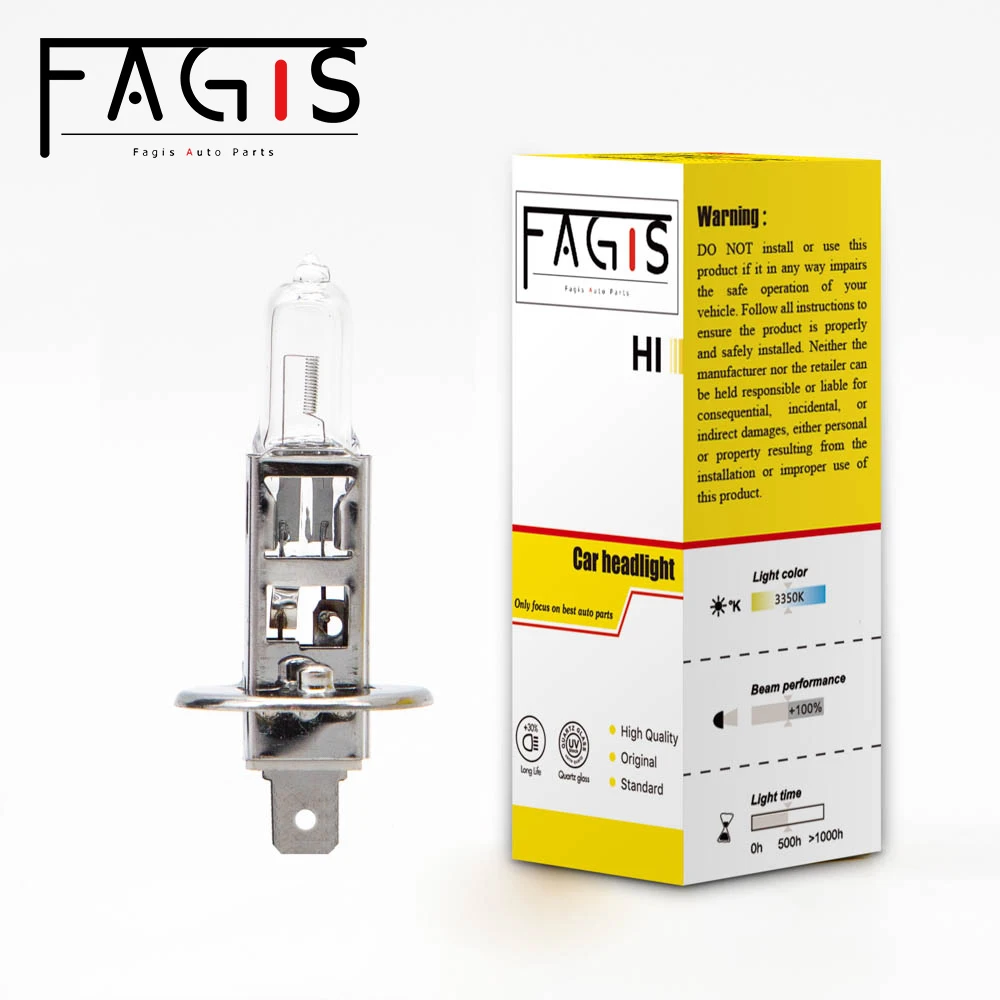 Fagis 1 Pcs H1 12V 55W 3350K Warm White Standard Light Car Headlight Auto Bulbs Halogen Lamps