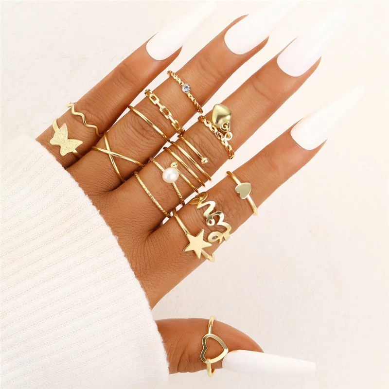Ring Set For Women Bohemian Vintage Heart Geometric Gold Color