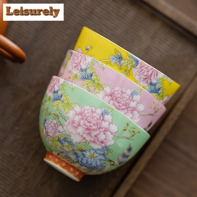 65ml Chinese Enamel Color Tea Cup Ceramic Peony Master Cup High-grade Household Palace Flower Tea Set Portable Small Tea Bowl