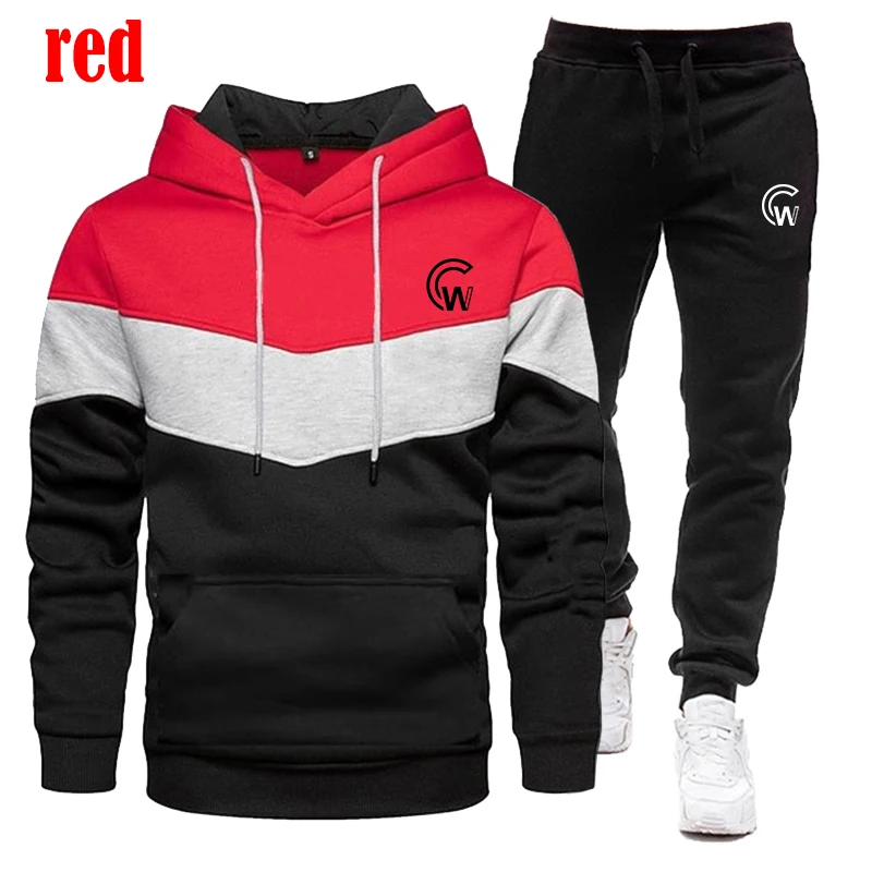 High quality men's sports sweater set three color patchwork hoodie and pants personalized jogging set two-piece set