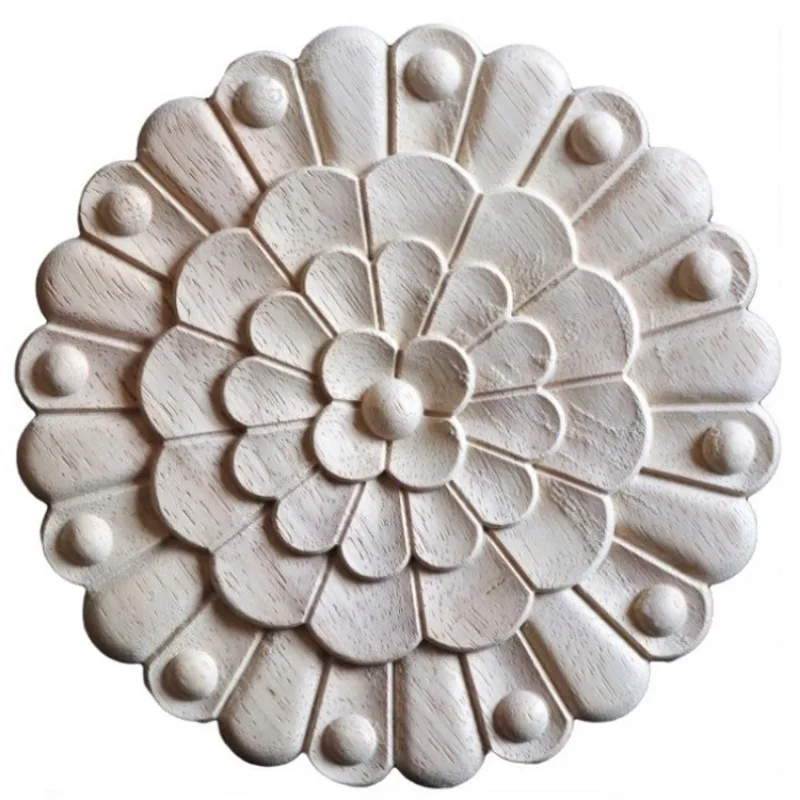 6cm-40cm Round Wood Carving Applique Oak Wood Furniture Decorative Mouldings Decal Cabinet Door Wood Figurine Craft Flower Board