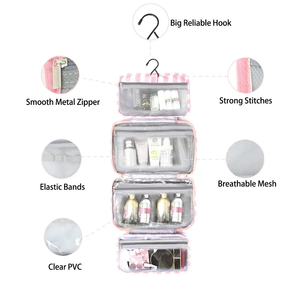 Foldable Striped Toiletry Bag with 4 Compartments and Hanging Hook
