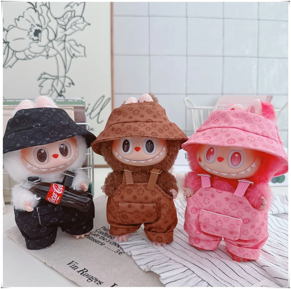 For 17cm Labubu Luxury Clothing Trendy Fisherman Hat Overalls Set V1 V2 V3 Labubu Clothes outfit Doll Accessories DIY Toys 2