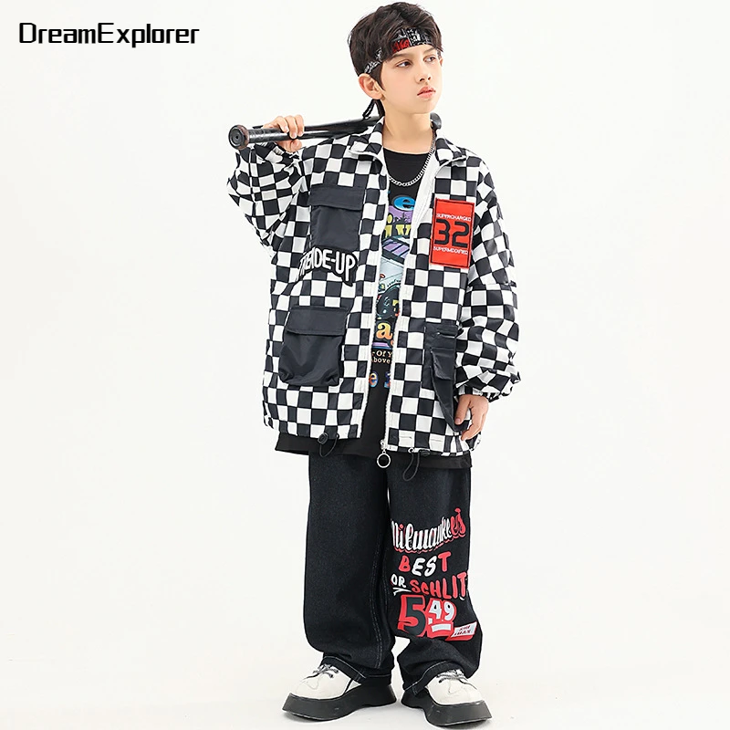 

Boys Hip Hop Checked Coat Girls Jacket Jazz Jeans Clothes Set Kids Street Dance Jacket Denim Loose Pants Children Streetwear