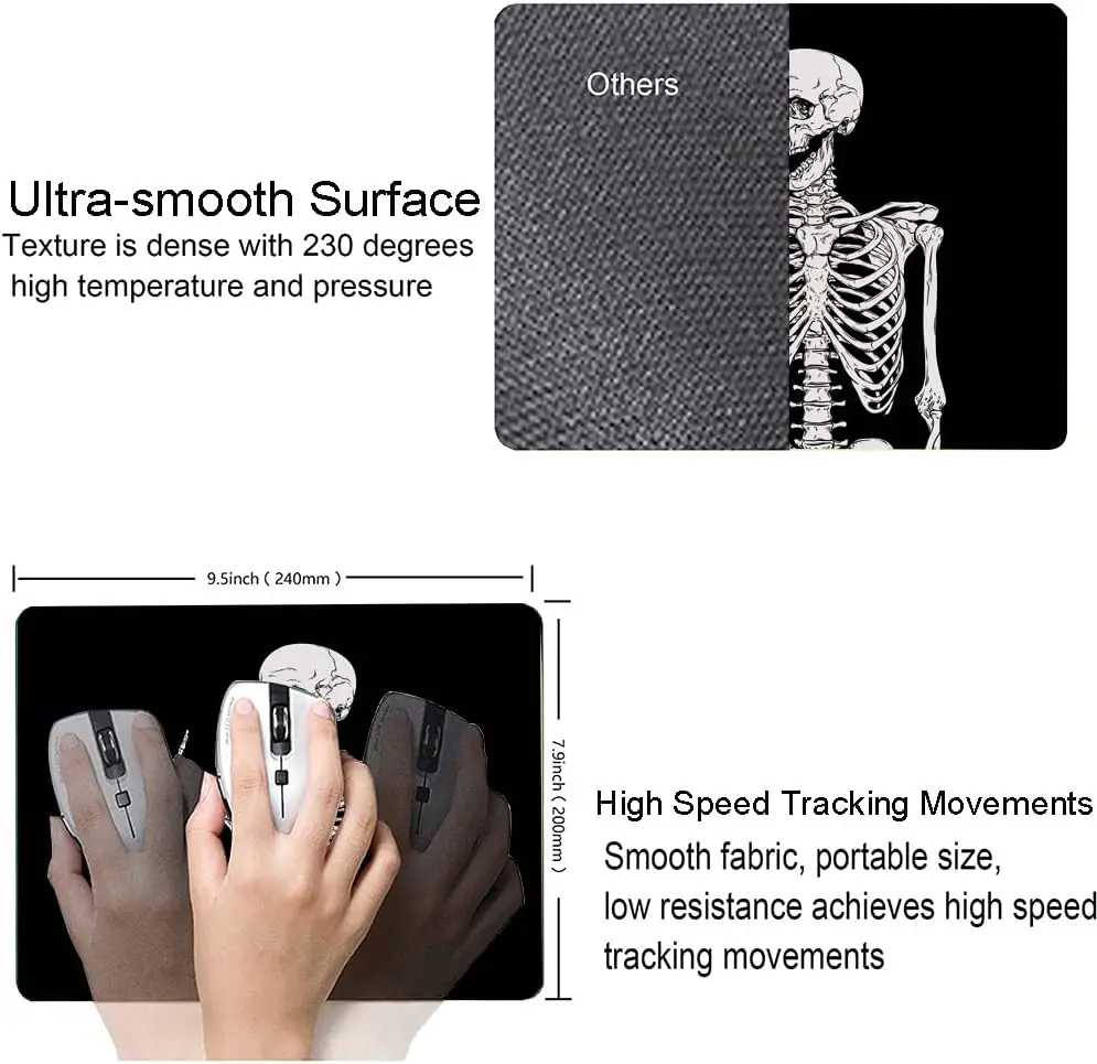 Cool Mouse Pad with Black Human Skeleton Design Premium-Textured Mouse Mat Waterproof Non-Slip Rubber Base for Office Laptop