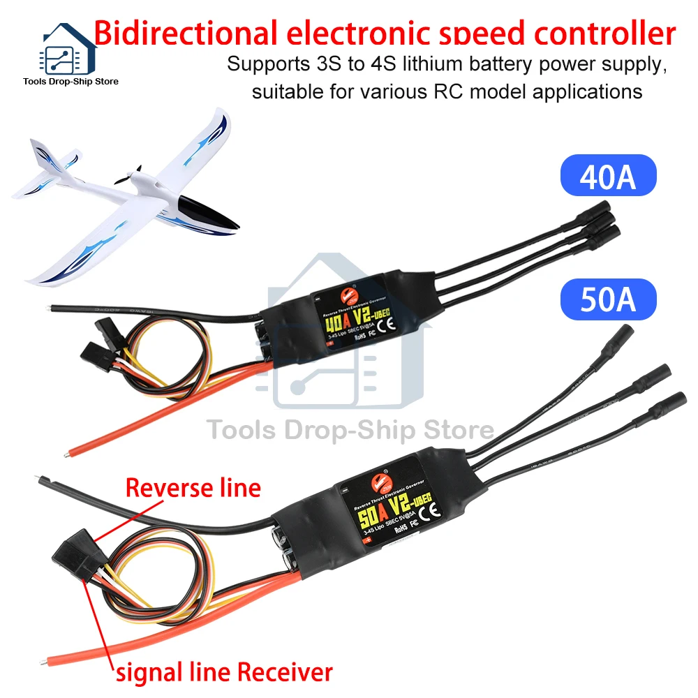 Détail du dissipateur thermique en aluminium sur l'ESC sans balais 40A/50A bidirectionnel pour modèle FPV voilure fixe.