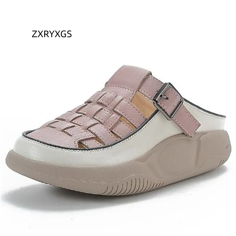 

ZXRYXGS 2023 New Tide Weave Hollow Round Toe Superior Full Genuine Leather Slippers Outdoor Wear Shoes Woman Sandals Roman Shoes