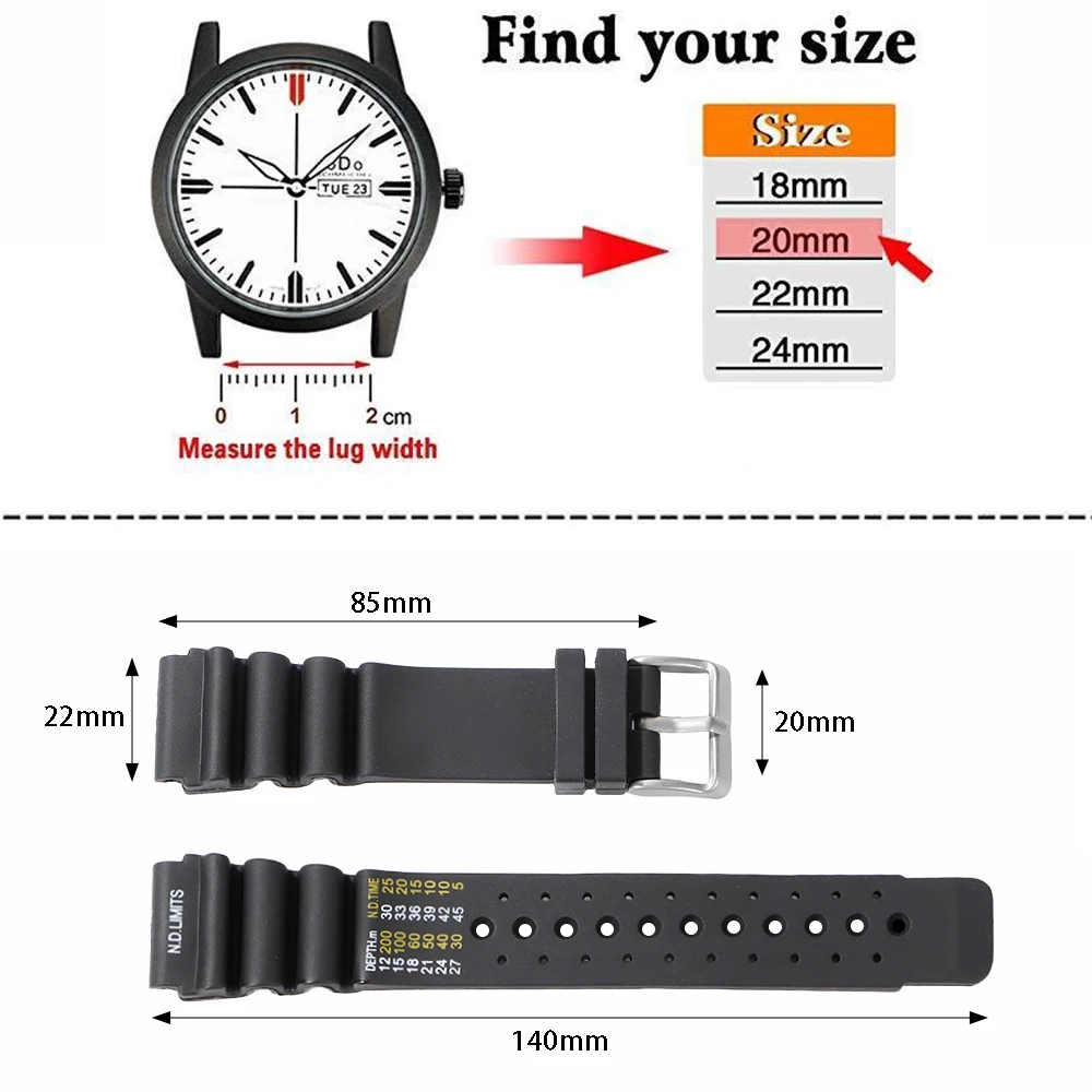 Silicone Strap Sport Watchband with ND Limits Design - Available in 20mm, 22mm, 24mm Sizes