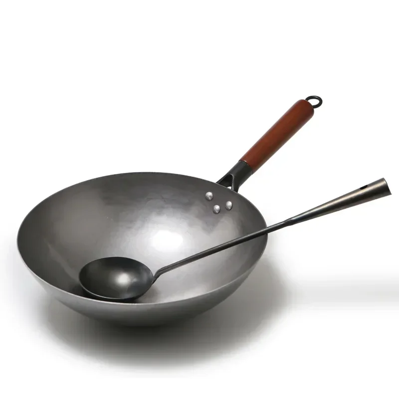 Iron Wok Cast Iron Wok Chinese Traditional Handmade Large Wok Wooden Handle Non-stick Gas Cooker Pan Kitchen Cookware Iron Pot