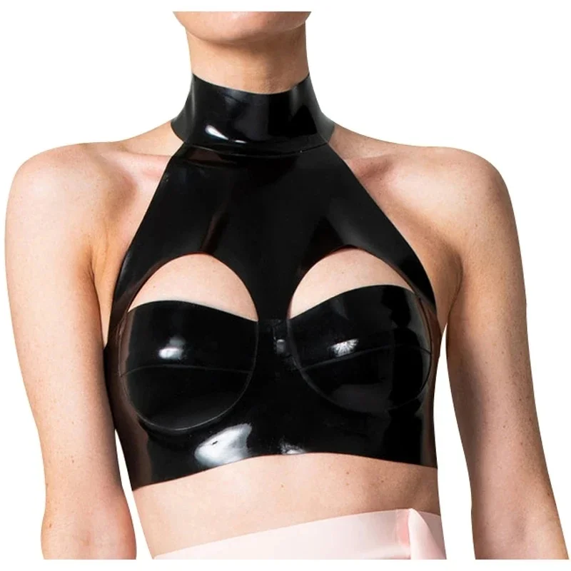 

Black Sexy Latex Crop Top Open Holes Buttons At Back Rubber Bra Lingerie
