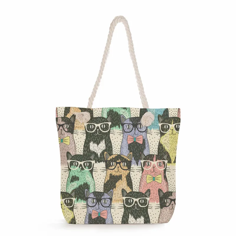 

New Women cartoon cat shoulderbag lady large canvas tote bag funny cute handbag