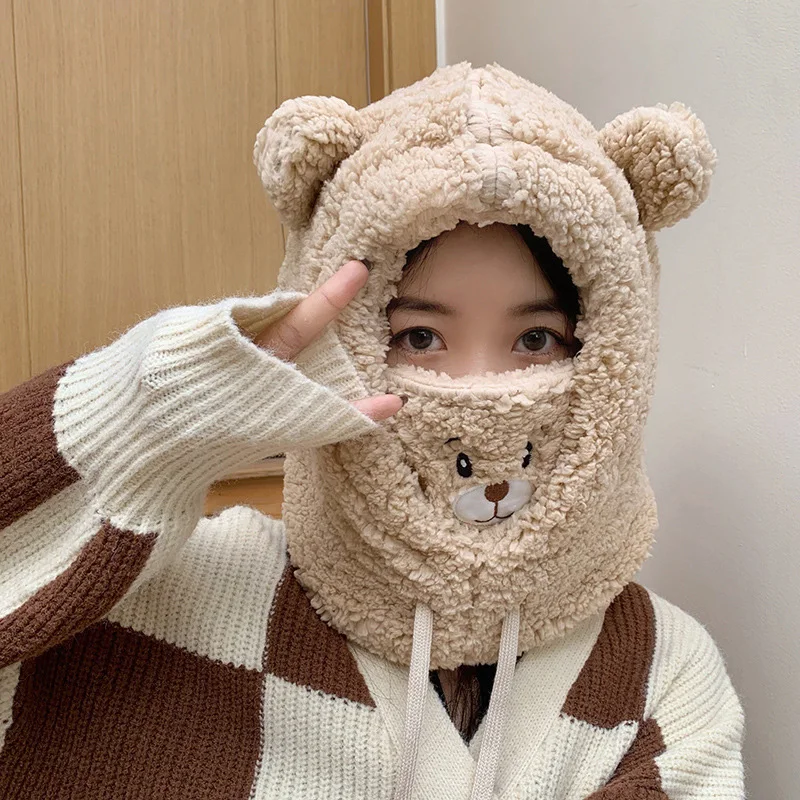 1PC Scarf Hat Warm one-piece Hat Bear Winter Students lamb's Wool Korean Version Of The Hooded Mask Plush Cap winter hat