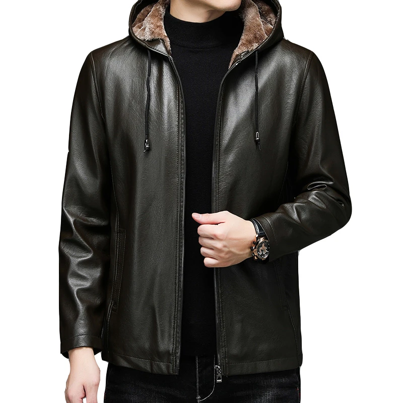 sheep leather jacket Men's Hooded Motorcycle Leather Jacket/Winter Thick Fleece Warm and Windproof Casual Men's Fashion Fake Leather Jacket leather vests