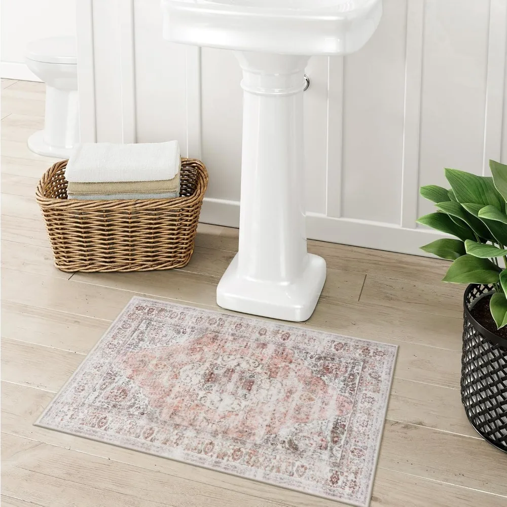 Boho Bathroom Rugs, Distressed Farmhouse Blush Pink Bath Mat, Comfy Velvet Small Bath Rugs Non Slip Washable, Vintage Oriental