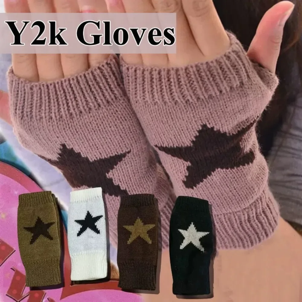 2024 Y2k Knitted Gloves Half Finger Star Gloves Winter Warm Woolen Pentagram Soft Hand Fingerless Emo Gloves Preppy Mittens