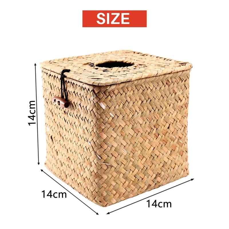 2 Pack Square Seagrass Facial Tissue Box - Decorative Woven Paper Holder Napkin Dispenser - Straw Tissue Box Cover 2