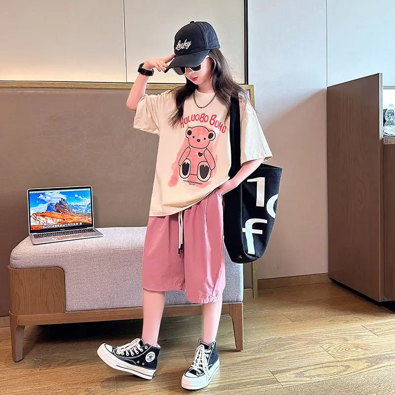 

Girls New Summer Trend 2pcs Cartoon T-shirt+Pants Suits 3-14 Years Teenage Kids Casual Daily Outfits Sets Children Clothes