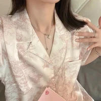 Women's 2pcs Cute Print Short Sleeve Button Top and Shorts Pink Sleepwear Soft Comfy Homewear Casual Loungewear Pajama Set - Image 2