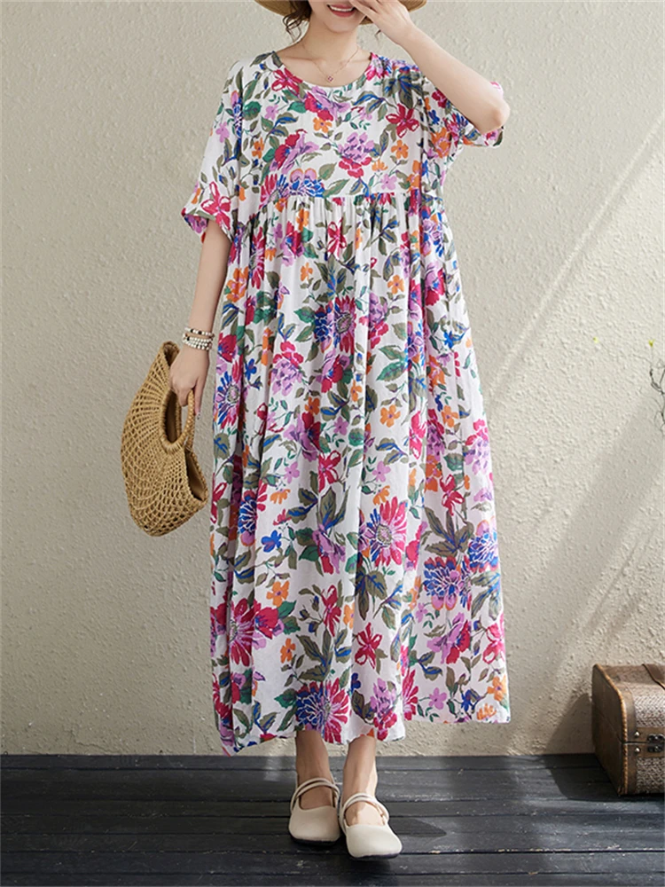 2025 Summer Cotton Vintage Casual Loose Print Dresses For Women Holiday Beach Dress Femme Robe Vestidos Elegant Long Clothing