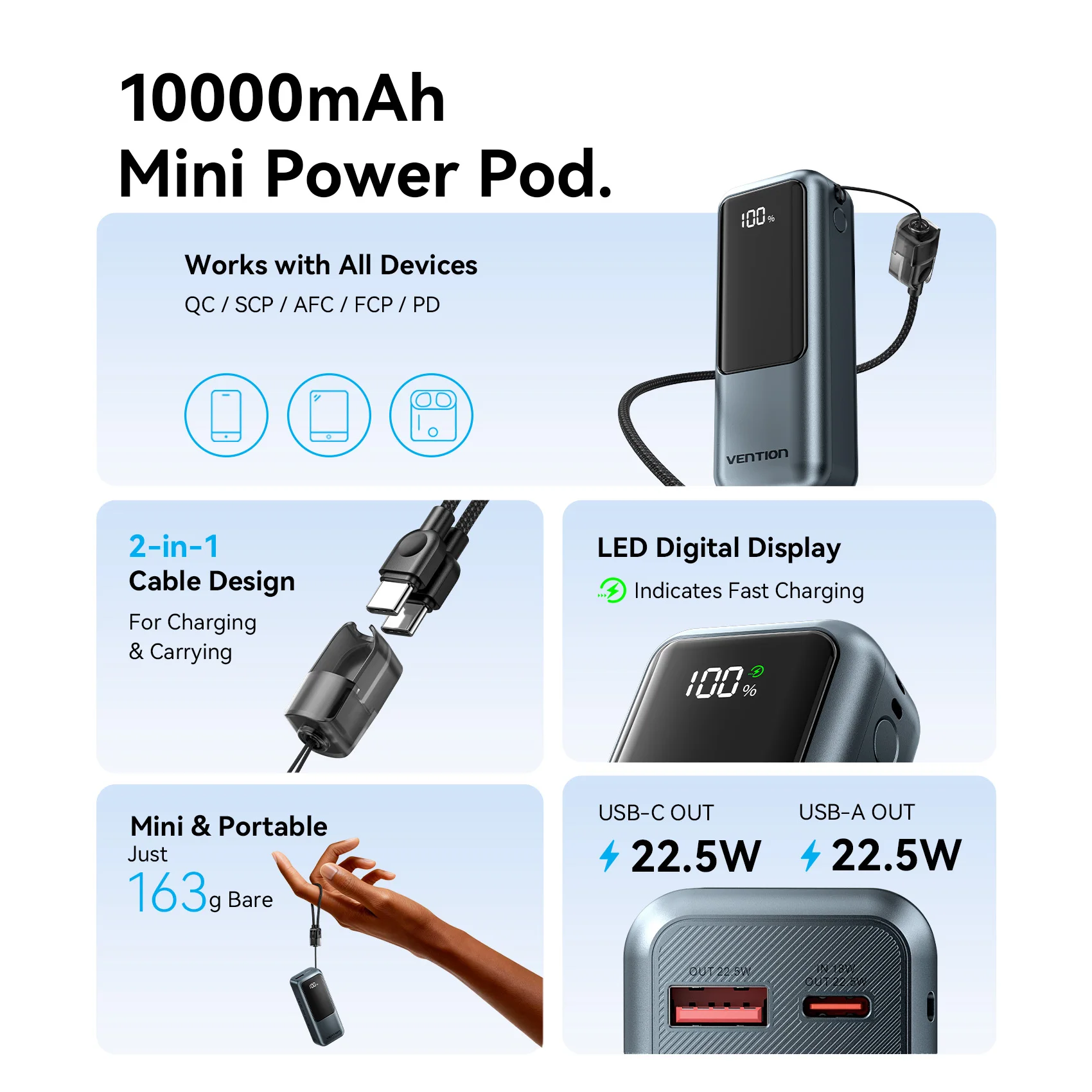 סוללת גיבוי ניידת Vention 10000mAh 22.5w עם כבל USB C מובנה, טעינה מהירה PD 3.0 לאייפון 17, סמסונג S25, S24