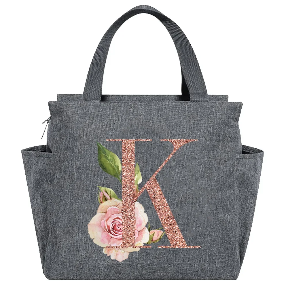 Rose Gold Insulated Lunch Tote with Letter Print