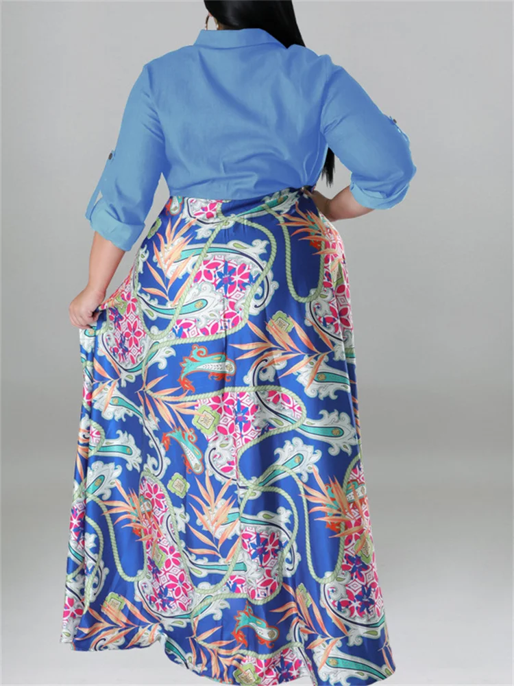 Wmstar Plus Size Women Dress Button Patchwork High Waist  Elegant Long Sleeve New in Fall Maxi Dresses Wholesale Dropshipping