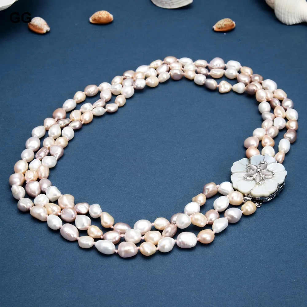 18'' 3 Rows Natural Pearl Mix Color Pink Purple White Keshi Pearl Baroque Statement Necklace For Women