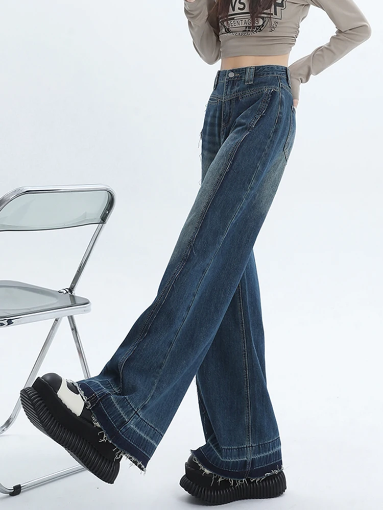 Vintage Ripped Blue Straight Jeans Women High Waist Wide Leg Stylish Patchwork Baggy Pants Loose Casual Denim Trousers Female