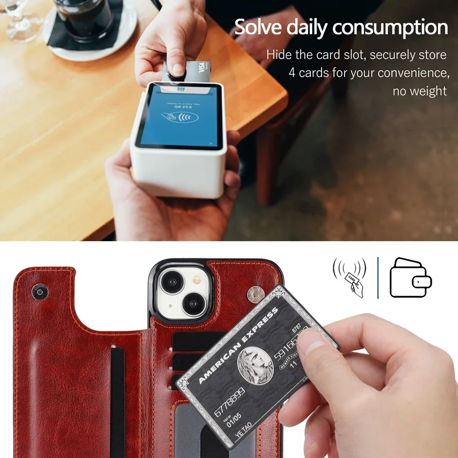 Double Button Flip Wallet Protection Leather Case For iPhone 15 Pro Max 14 Plus 13 Mini 12 11 SE X XS XR 8 7 6s Cover Phone Case Leather Phone Case Leather Wallet Case Leather Case