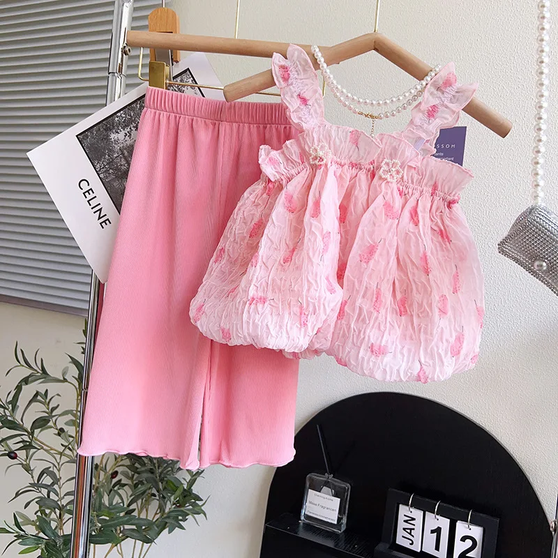 

Girls' Suit Summer Clothes Fashionable Stylish Children Straps Two-Piece Set Baby Princess Clothes Two-Piece Set One Piece Drops