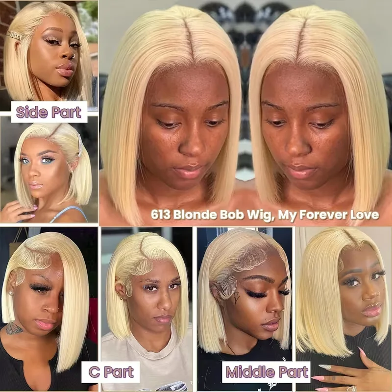 613 Blonde Bob-Perücke mit Spitzenfront aus Echthaar, 200 Dichte, 13x6 HD Transparente Spitzenfront-Perücken, 8-14 Zoll Kurzhaar, Remy-Haar – Detail 1