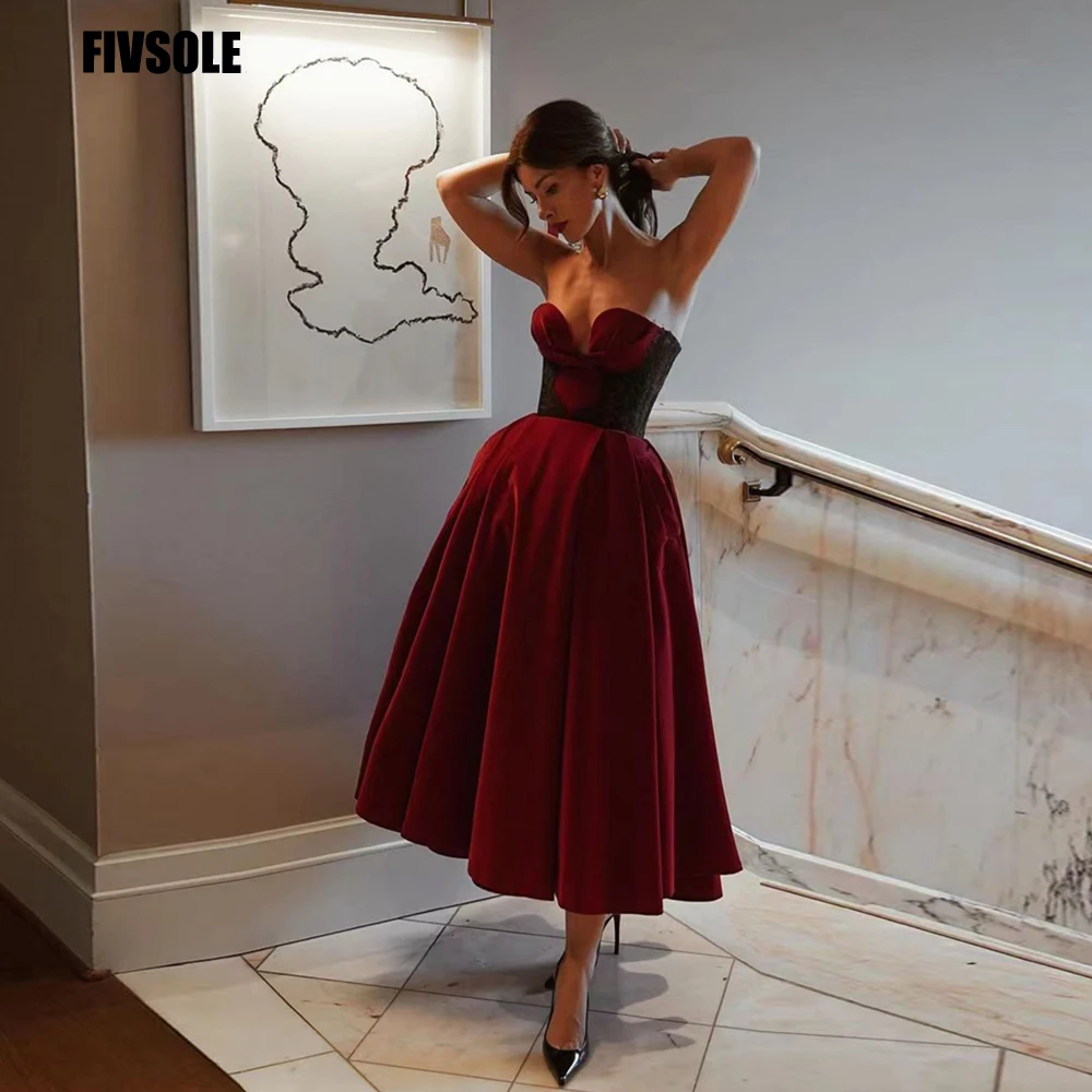 

Fivsole A-line Tea Length Prom Dress 2024 Women Evening Dress Sweetheart Burgundy Birthday Fairy Dresses Cocktail Party Gowns