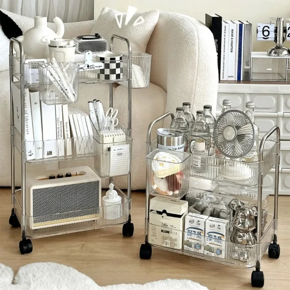Acrylic Trolley 3 Tiers With 3 Removable Hanging Baskets Transparent Rolling Cart Kitchen Multi Functional Snack Mobile Racks