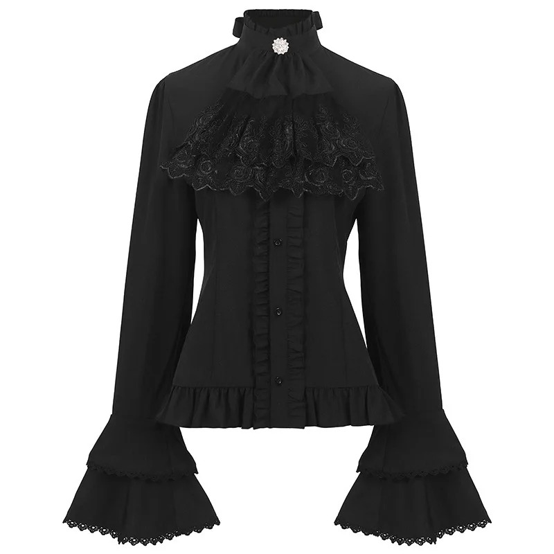 

Chinese Style Solid Shirt For Women Stand Flare Sleeve Lace Embroidery Ruffles Bandage Design Female Clothing