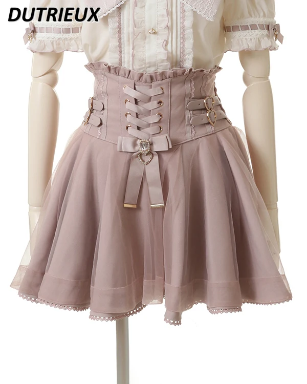 Mine Japanese Style Mass-Produced New Sweet High Waist Knotted Short Skirt Slimming Covering Mesh Belt Buckle A-line Mini Skirts