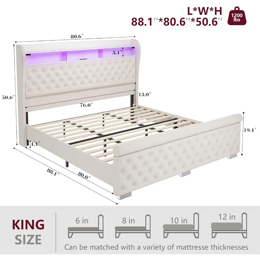 King Size Bed Frame with Storage,Velvet Upholstered Bed with Charging Station and LED Light,Deep ButtonTufted Wingback Headboard 2