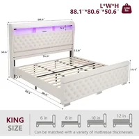 King Size Bed Frame with Storage,Velvet Upholstered Bed with Charging Station and LED Light,Deep ButtonTufted Wingback Headboard 2