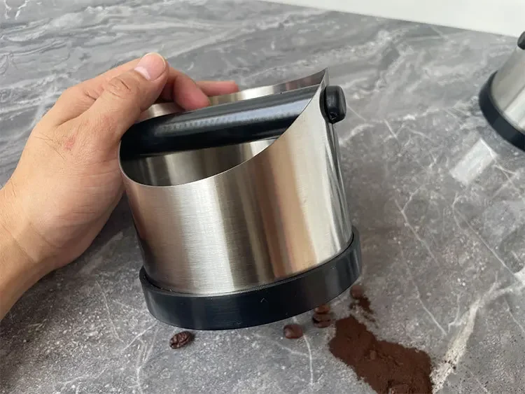 Coffee Knock Box Stainless Steel Espresso Knock Box Non Slip Coffee Ground Knock Box with Rubber Ring Beveled Coffee Ground Bin