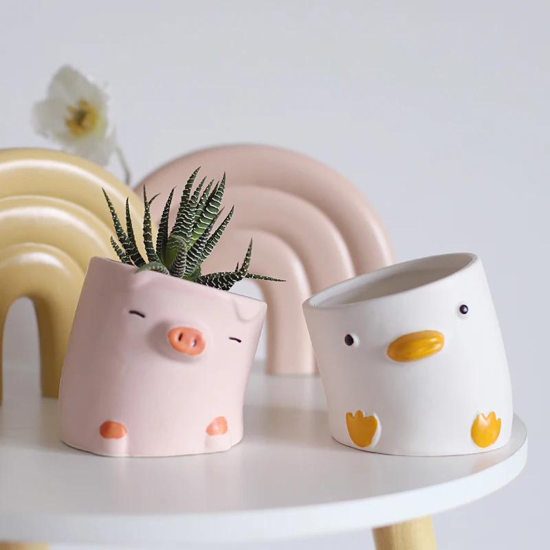 

Cute Cartoon Animal Flower Pot Desktop Balcony Succulent Planting flowerpot Decoration Creative Crooked Duck and Pig Ceramic Pot