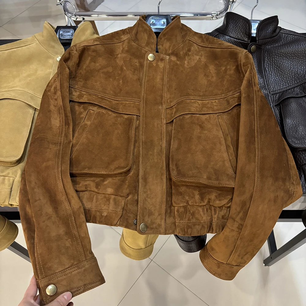 YOLOAgain 2026 Spring Short Suede Bomber Jacket Women Genuine Sheepskin Leather Jacket Ladies