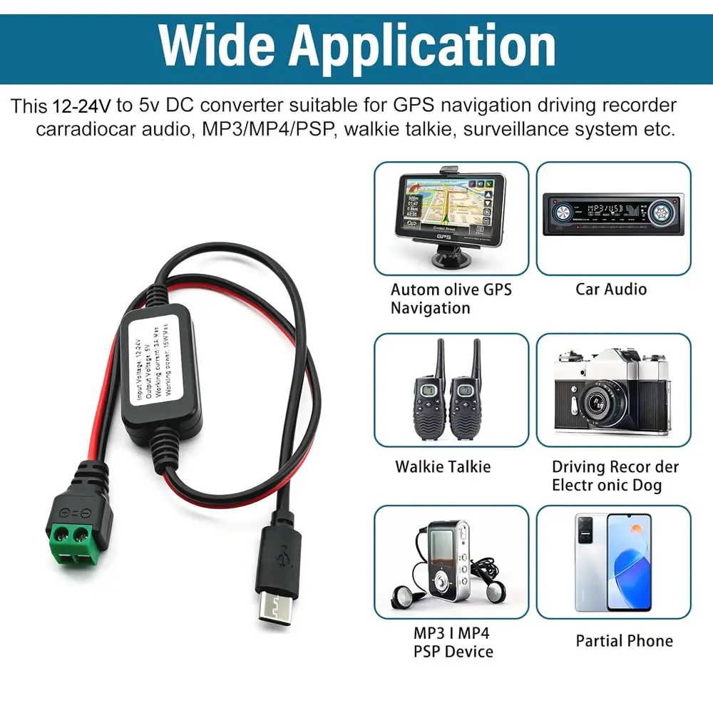 12V/24V에서 5V로 변환하는 DC-DC 벅 모듈 케이블 2핀 무납땜 터미널 USB-A/Type-C 스텝다운 충전 케이블
