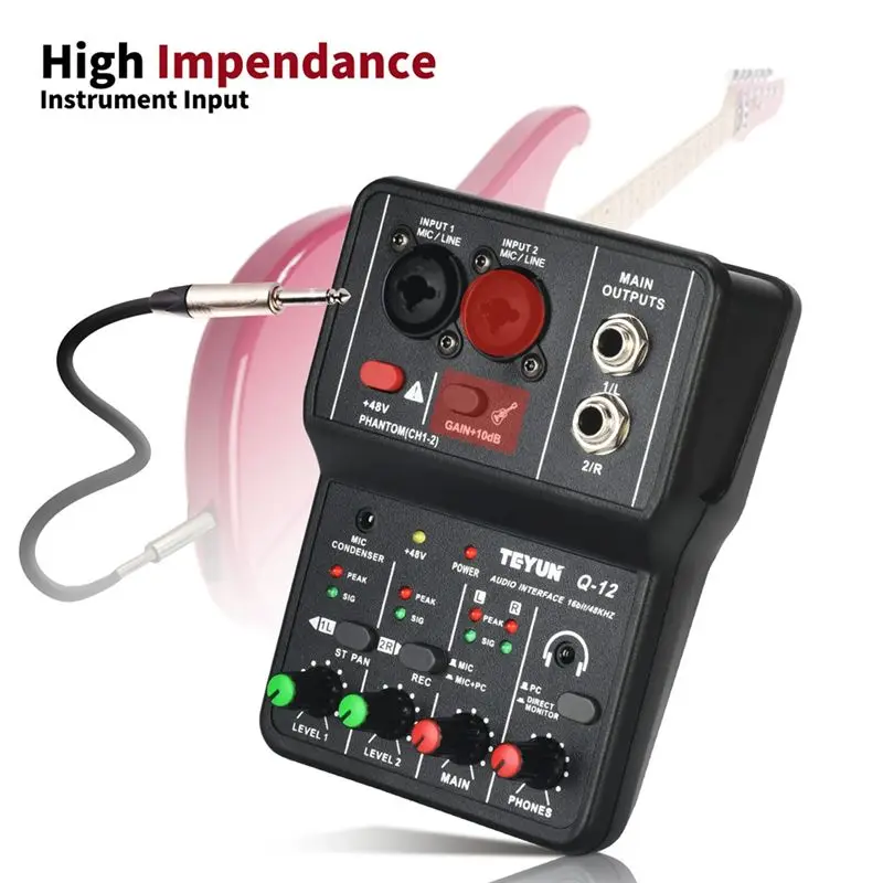 테윤 Q12 컴퓨터 녹음 사운드 카드 16비트/48KHZ 휴대용 사운드 카드 기타 홈 스튜디오 음악 프로 Q12