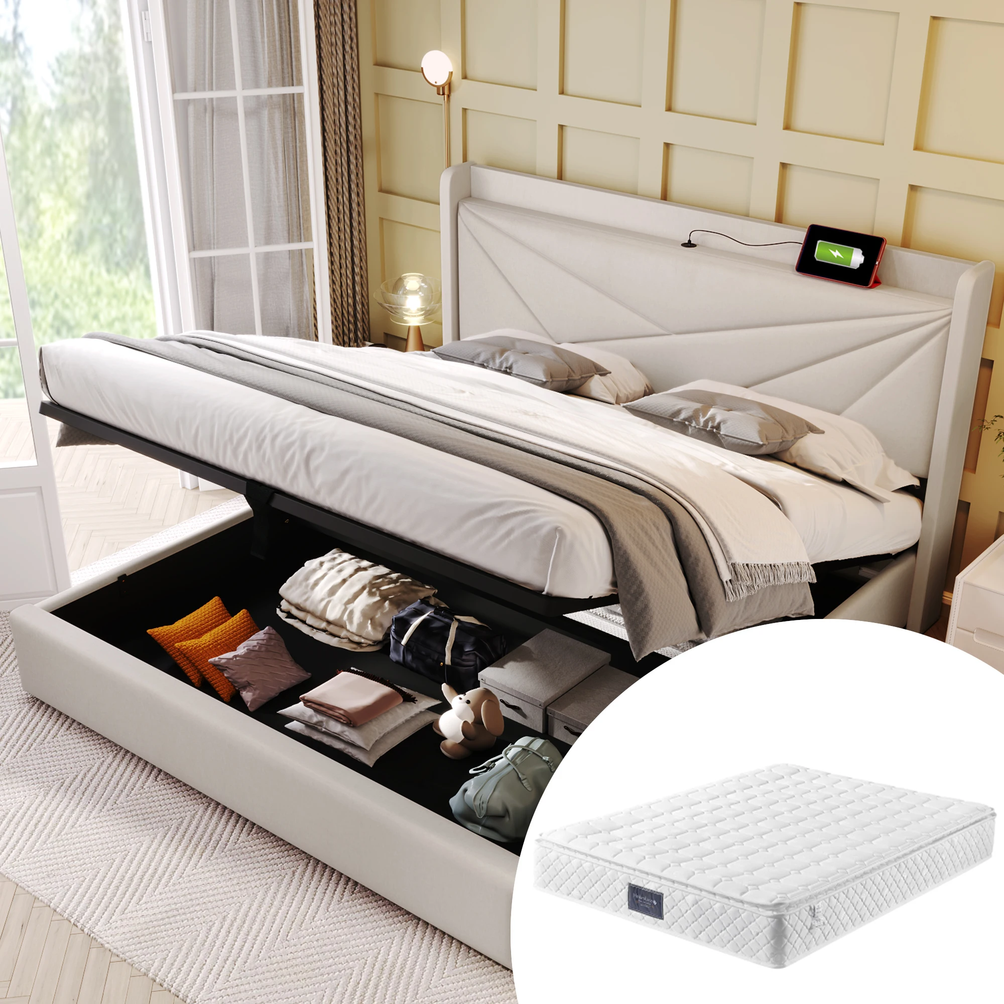 Gepolstertes Doppelbett mit Aufbewahrungsschublade und USB-C-Kopfteil, 140x200 Leinenbettgestell mit Matratze. – Detail 15